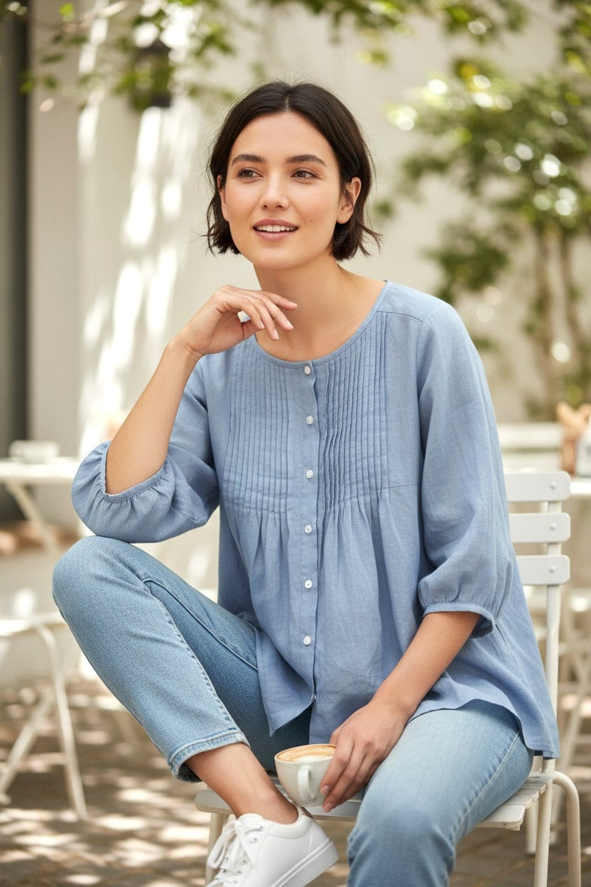 The Azure Breeze: Handcrafted Premium Linen Pin-Tuck A-Line Blouse