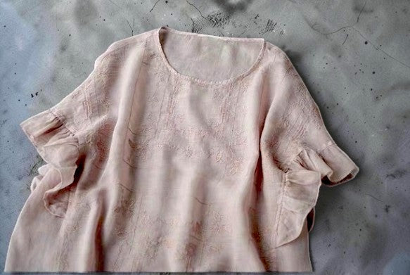 The Couture Whisper: Premium Embroidered Linen Ruffle Blouse