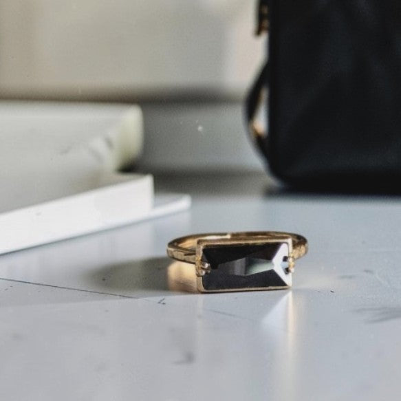 The Urban Eclipse: Hand-Hammered Pure Brass & Black Diamond Crystal Ring