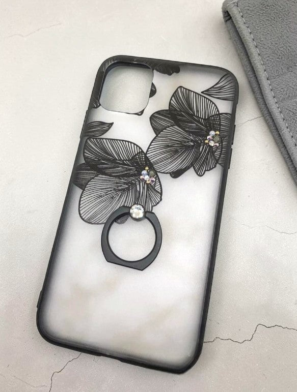 The Translucent Noir: Elegant Matte Sheer Floral Case with Integrated Smart Ring