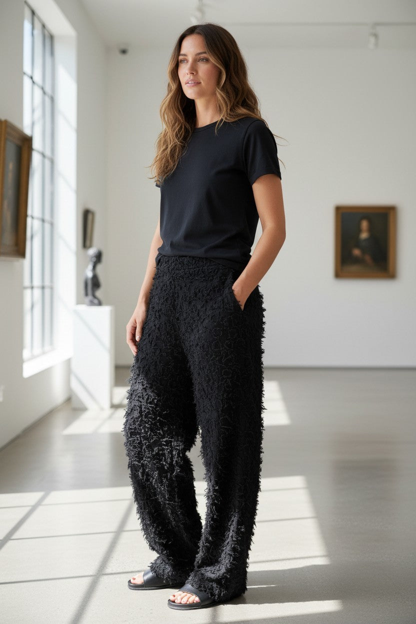 The Sheer Haute-Couture Curve Pants (Noir Black): Premium Artisan Cut-Jacquard Hose