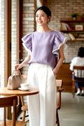 The Airy Double-Ruffle Linen Blouse in Dusty Lavender