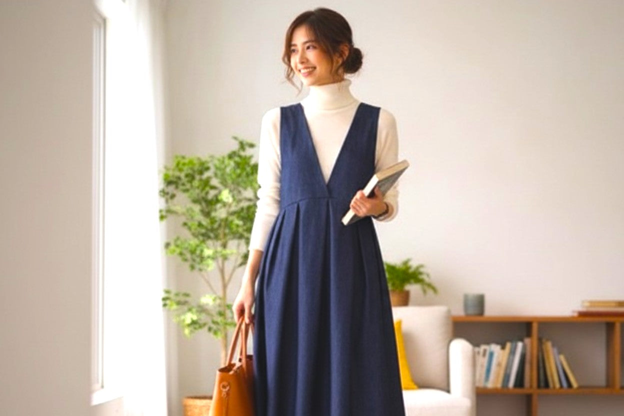 Structured Fluidity: Two-Way Front-to-Back Fabric Kurumi-Buttoned Kojima Denim Dress