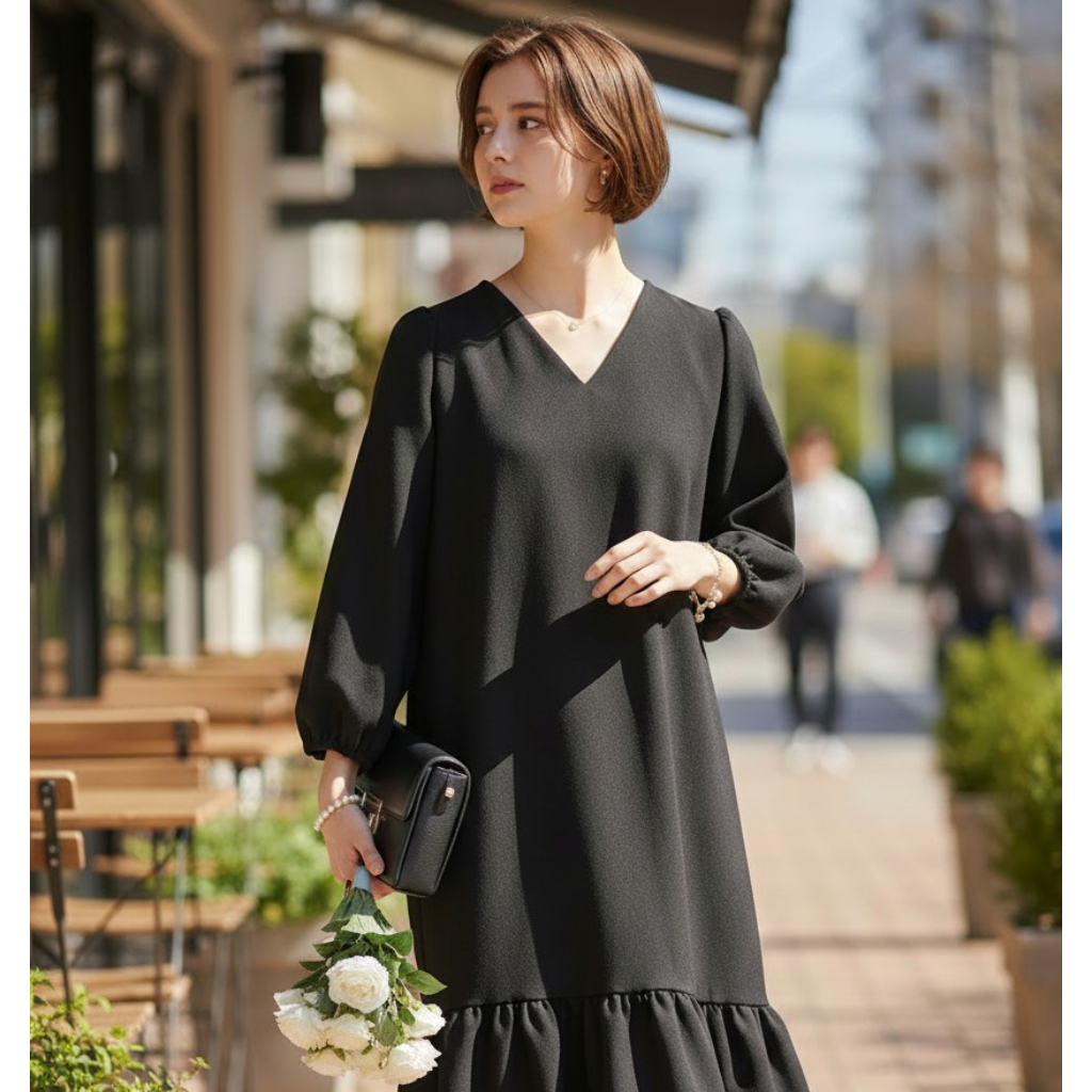 The Blossom Silhouette: Ultra-Lightweight Luminous Flare Dress in Grey, Cocoa & Black (3/4 or Full-Length Sleeves)