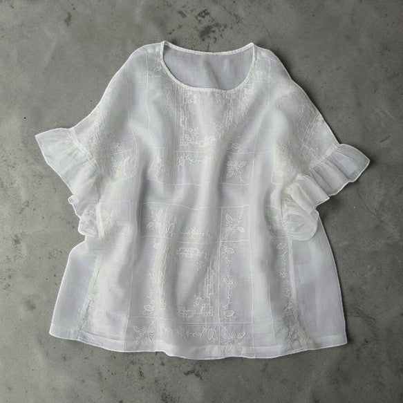 The Couture Whisper: Premium Embroidered Linen Ruffle Blouse