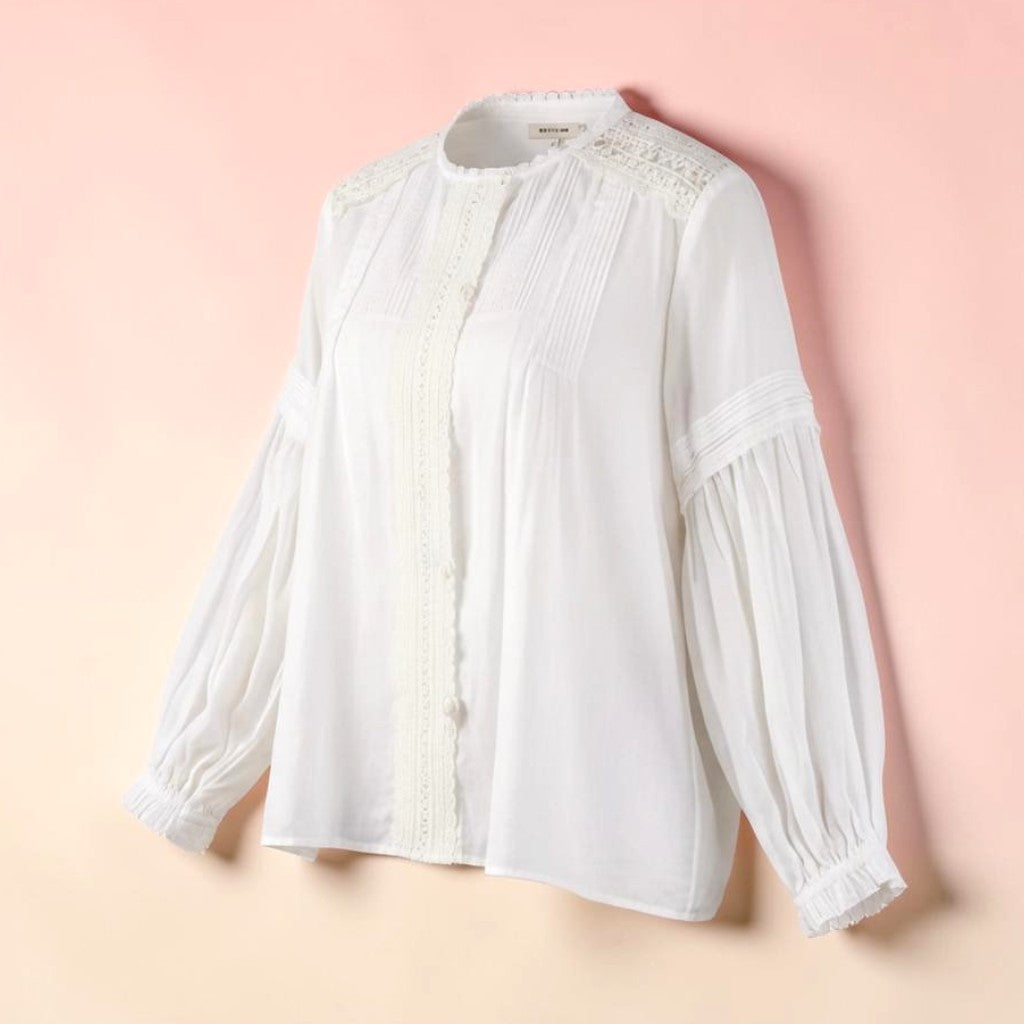 Effortless Elegance: Handcrafted Pintuck & Lace White Linen Blouse