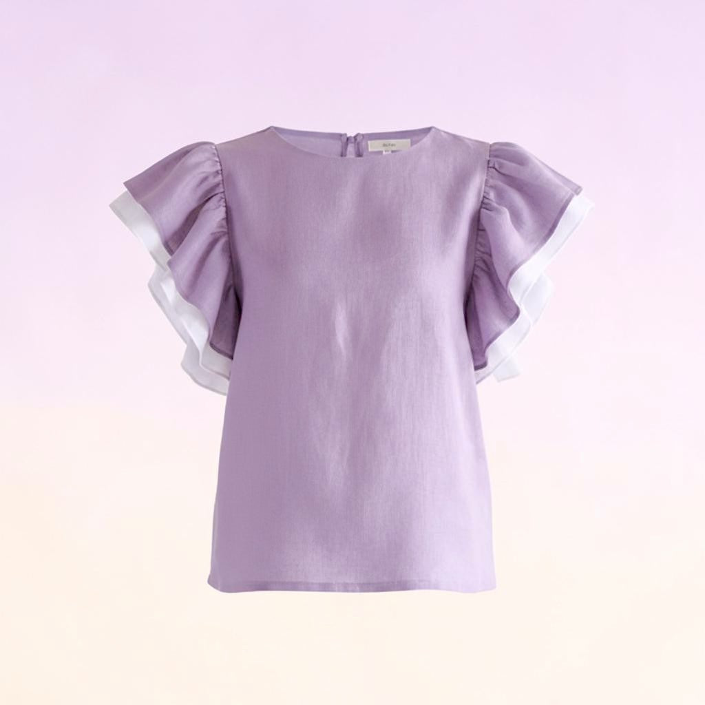 The Airy Double-Ruffle Linen Blouse in Dusty Lavender