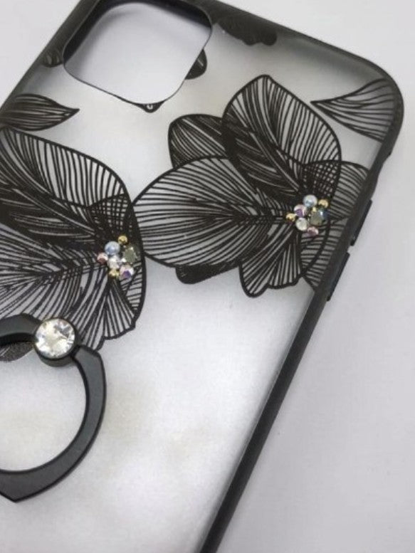 The Translucent Noir: Elegant Matte Sheer Floral Case with Integrated Smart Ring