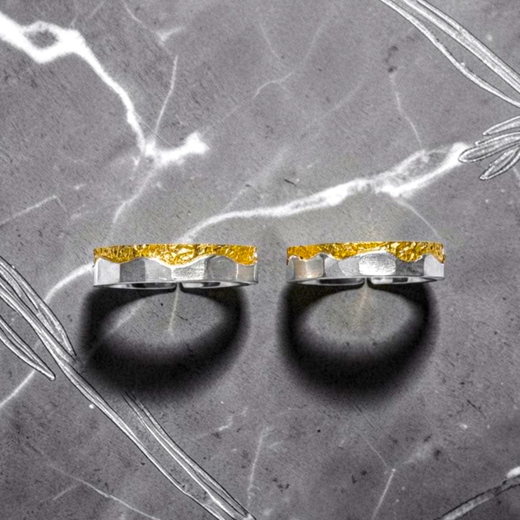 The Radiant Surge: 24K & S999 Pure Silver Bespoke Hammered Artisan Ring - Gold Wave