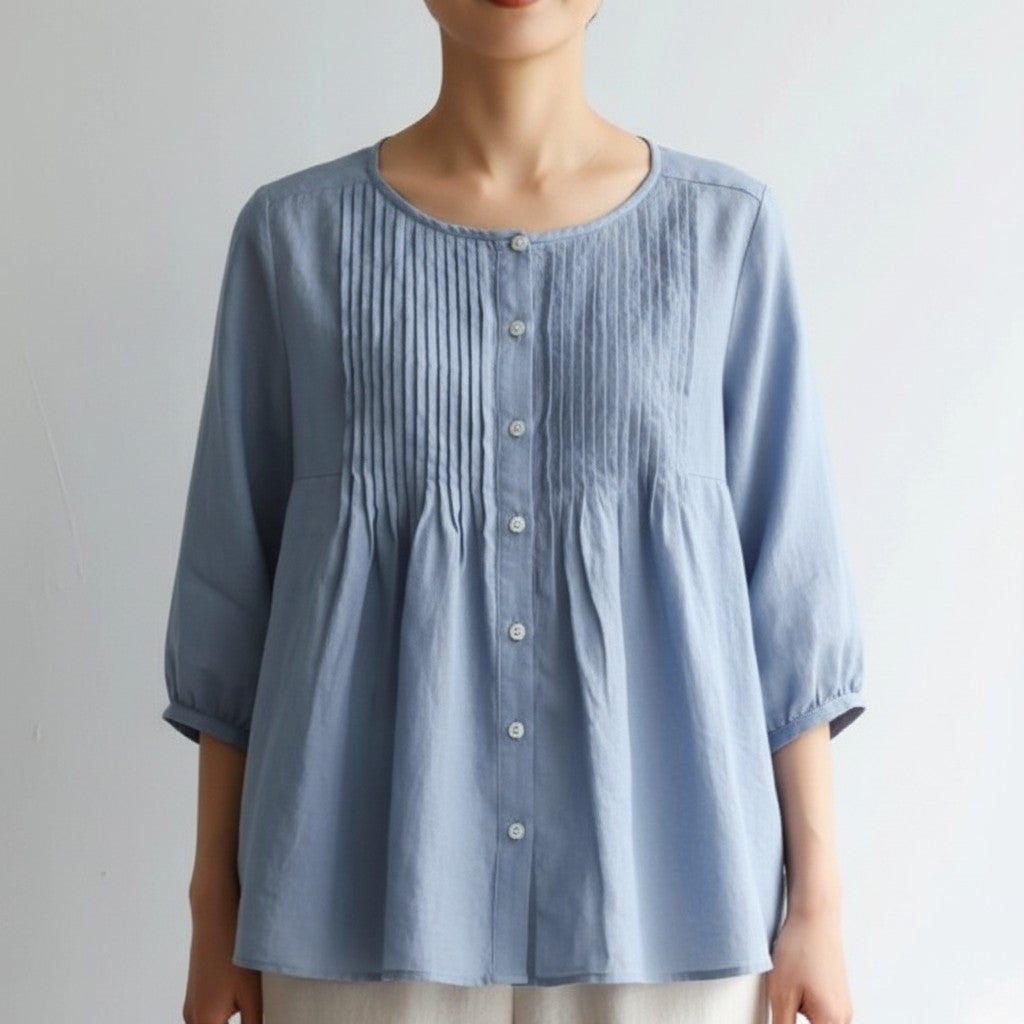 The Azure Breeze: Handcrafted Premium Linen Pin-Tuck A-Line Blouse