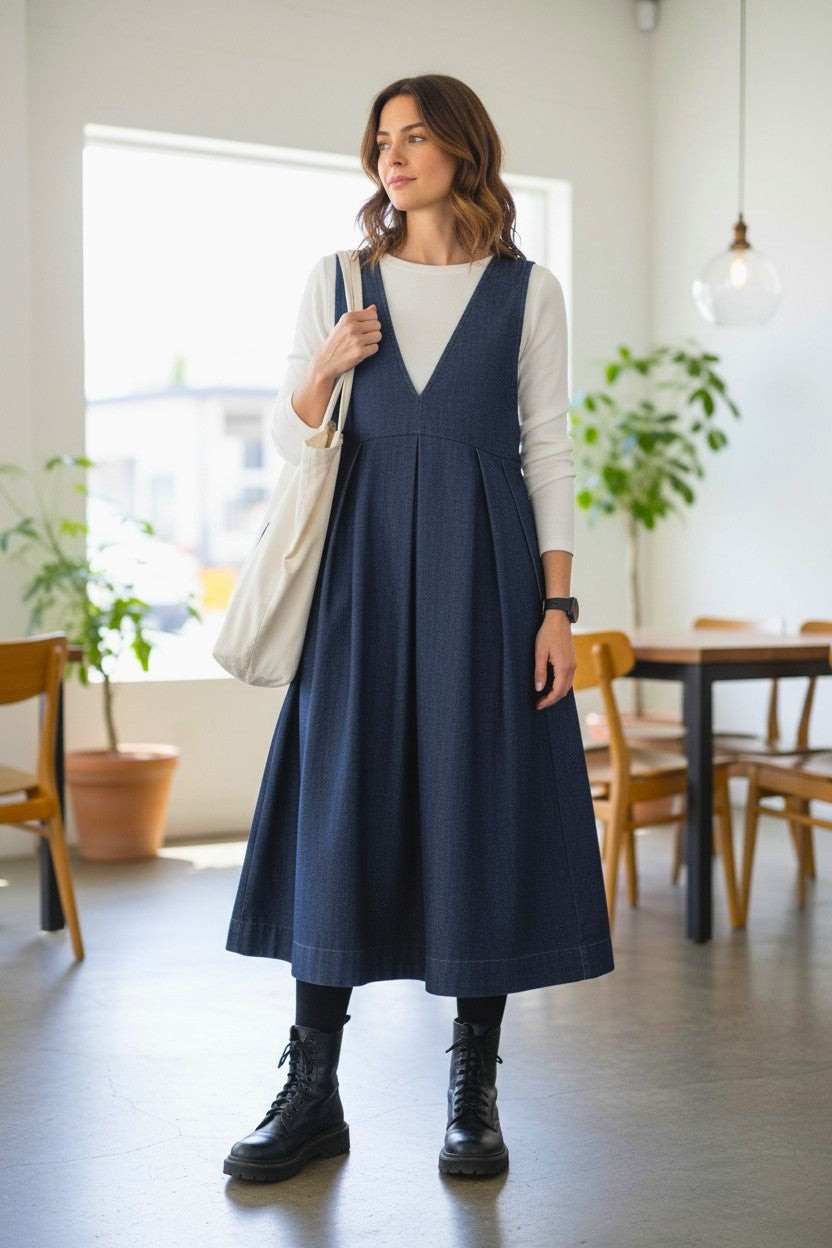 Structured Fluidity: Two-Way Front-to-Back Fabric Kurumi-Buttoned Kojima Denim Dress