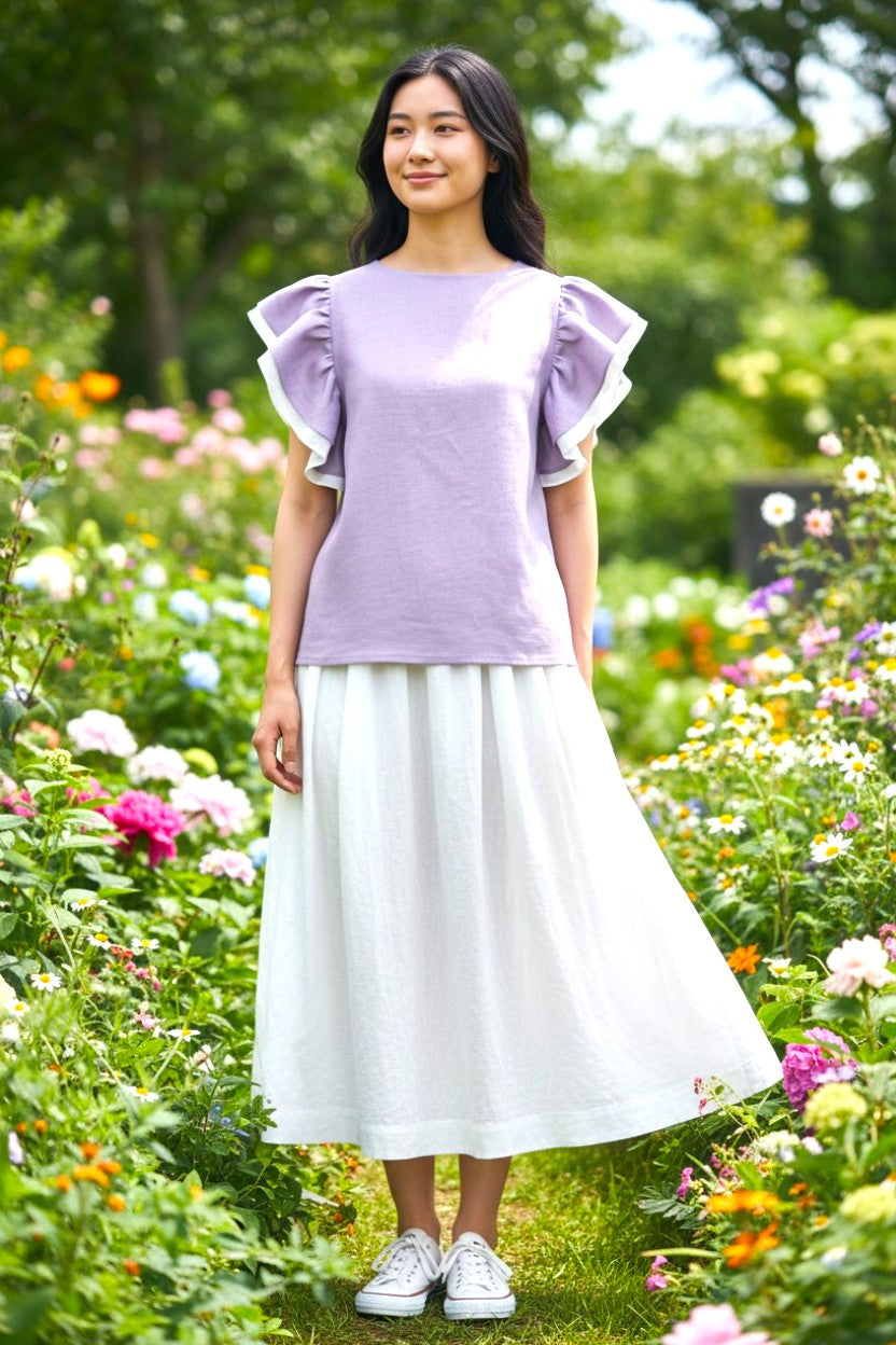 The Airy Double-Ruffle Linen Blouse in Dusty Lavender