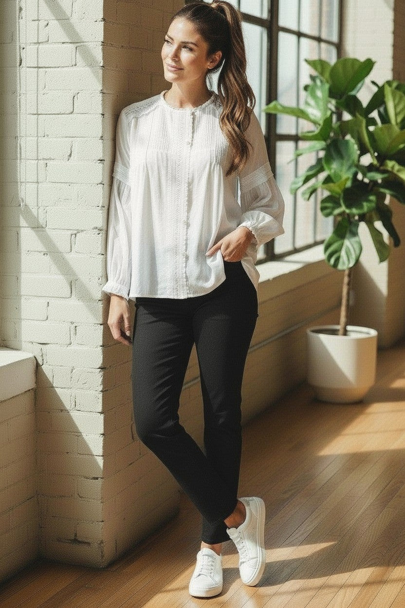 Effortless Elegance: Handcrafted Pintuck & Lace White Linen Blouse