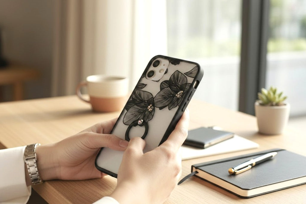 The Translucent Noir: Elegant Matte Sheer Floral Case with Integrated Smart Ring