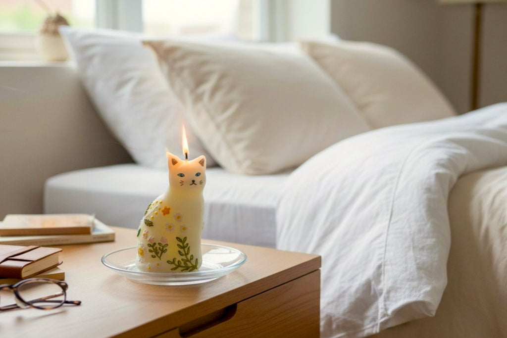 The Hand-Painted Botanical Kawaii "Maneki-Neko" Fortune Cat Candle