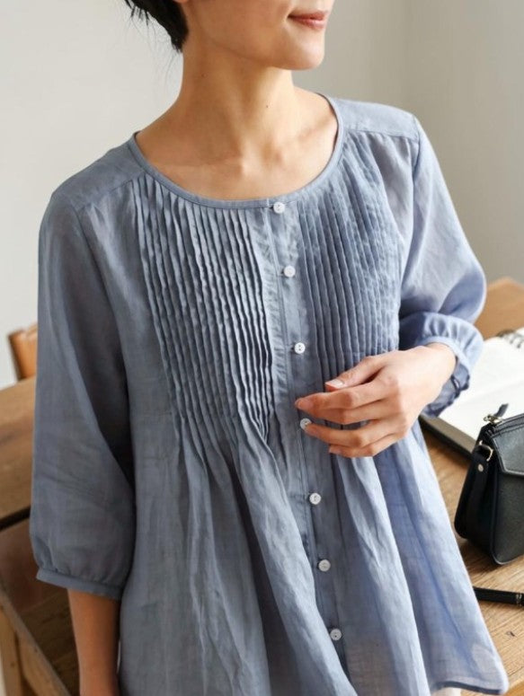 The Azure Breeze: Handcrafted Premium Linen Pin-Tuck A-Line Blouse