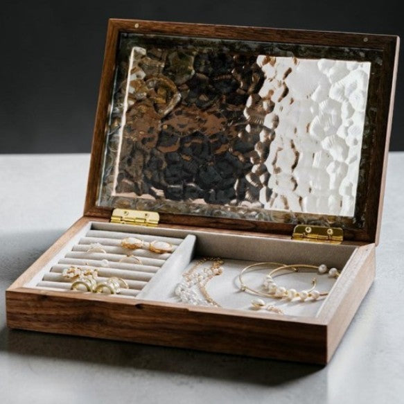 The Timeless Ripple: Bespoke Solid Walnut & Antique-Grade Exclusive Glass Jewelry Box