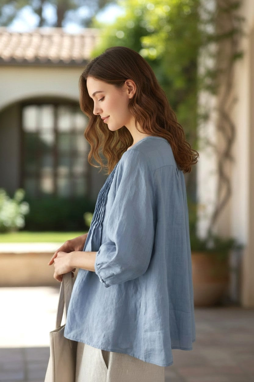 The Azure Breeze: Handcrafted Premium Linen Pin-Tuck A-Line Blouse
