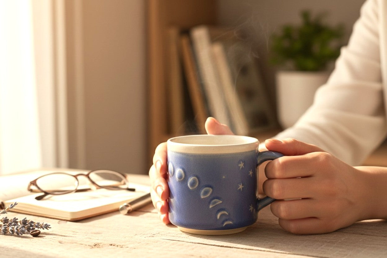 Lunar Rhythm: One-of-a-Kind Artisan Mug Embraced by the Shifting Night Sky