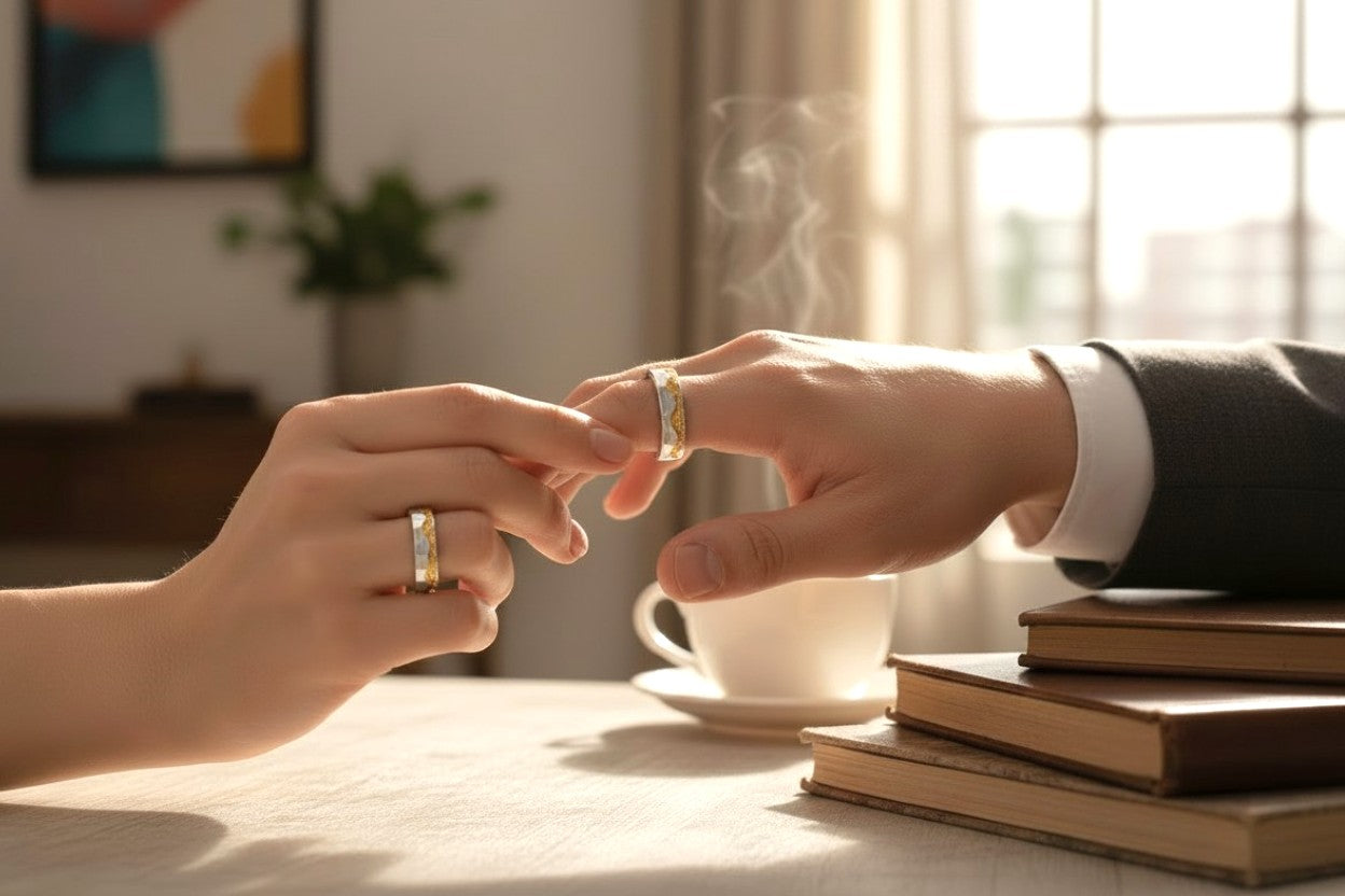 The Radiant Surge: 24K & S999 Pure Silver Bespoke Hammered Artisan Ring - Gold Wave