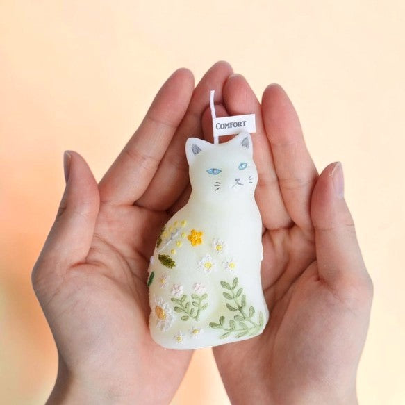 The Hand-Painted Botanical Kawaii "Maneki-Neko" Fortune Cat Candle