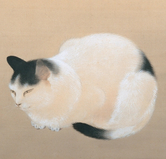 The Serene Feline: Vintage Japanese Nihonga Cat and Plum Blossom Art Poster