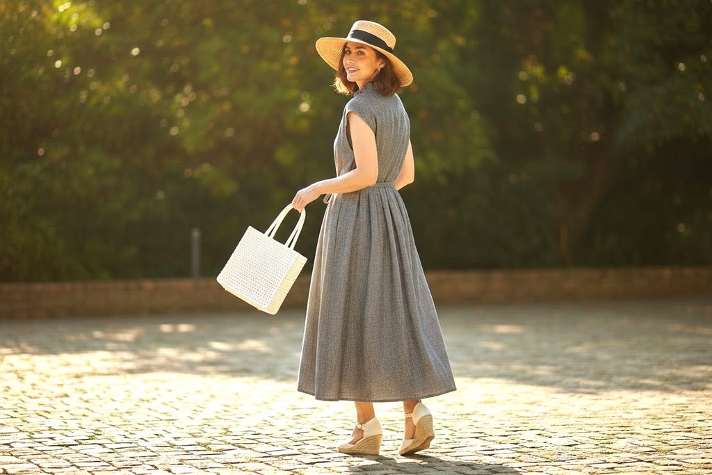 Das elegante Chambray: Handgefertigtes plissiertes Kleid aus 100 % japanischem Leinen